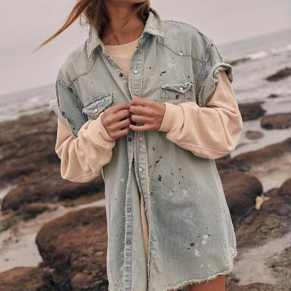 MAGNOLIA PEARL Marfa DENIM RAILROAD STRIPE Workshirt Top Shirt Blouse NWT *RARE*